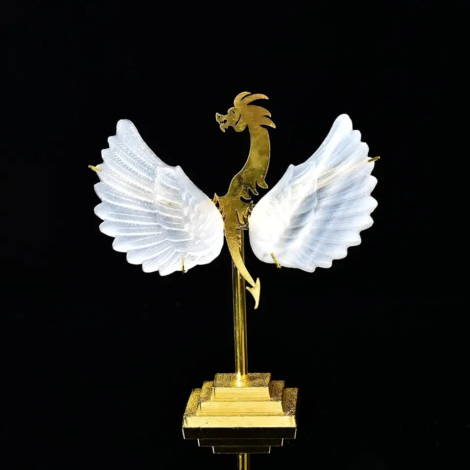 Big White Selenite Crystal Angel Wing with Dragon Stand R188815