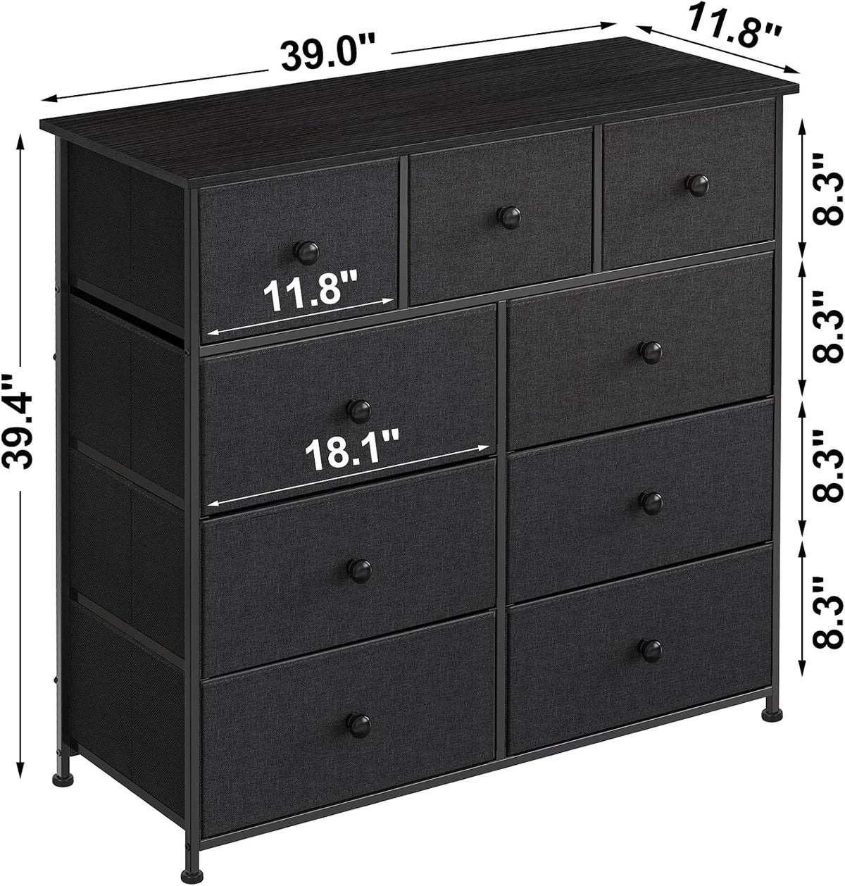 Black Grey 9 Drawer Steel Frame Wooden Top Dresser C79235