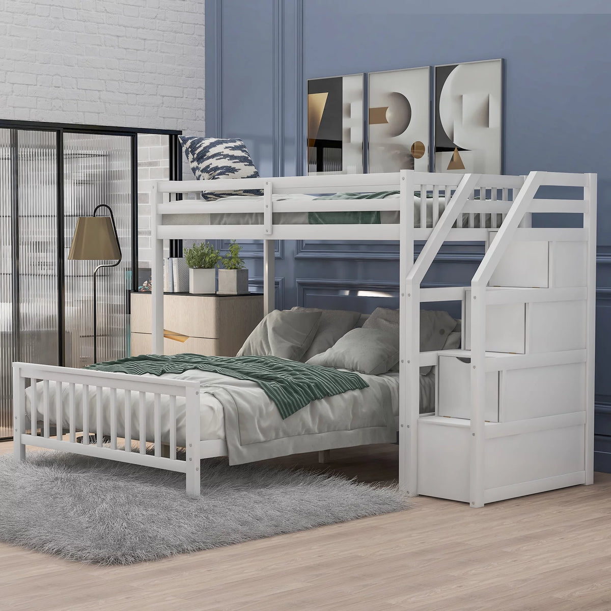 Wood Twin Loft Bed with Full Platform Bed and Drawers M986