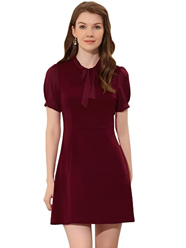 Tie Neck Puff Short Sleeve Office Work Dress P86833