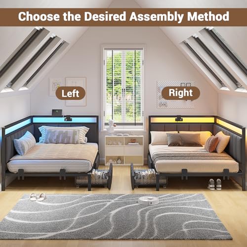 Gray Twin Size Corner Bed Frame with Storage Drawers Y734704