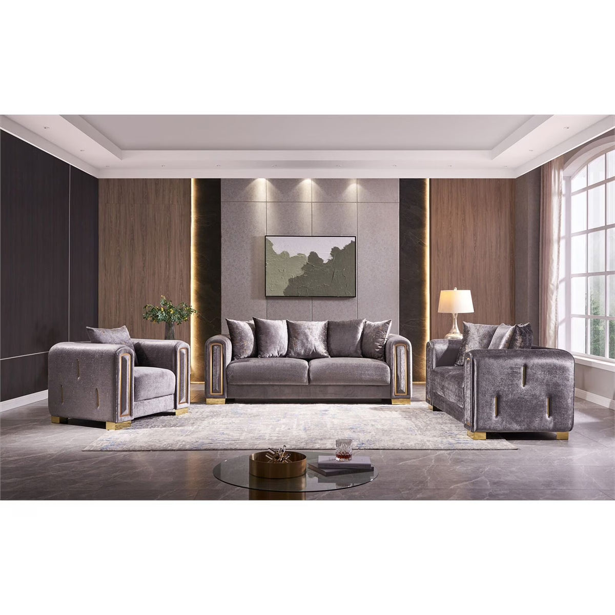 3PC Gray Velvet Living Room Set L9405