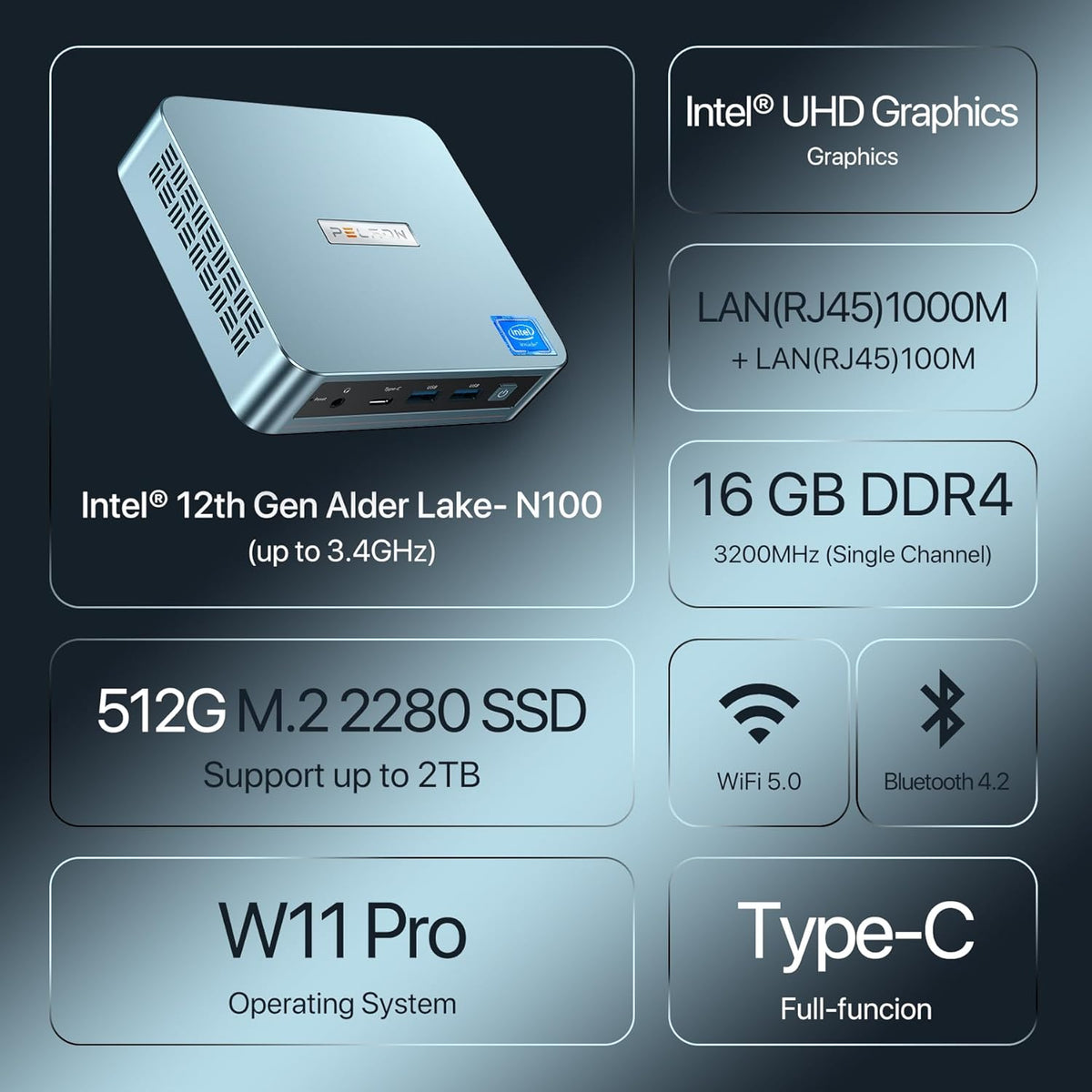 Mini PC, Intel 12th Gen N100, 16GB DDR4 RAM 512GB M.2 PCIe SSD T75103