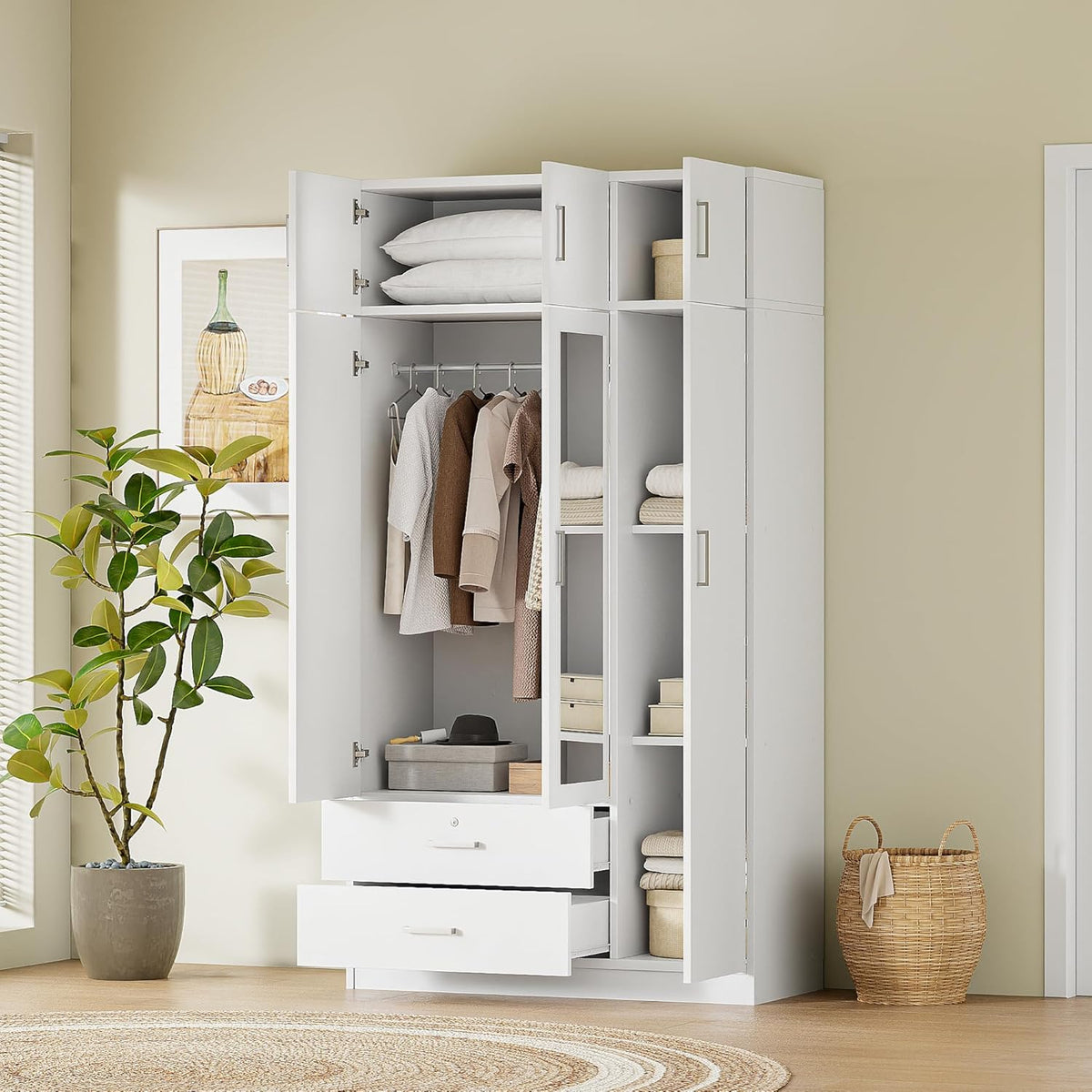 White 3-Door Mirror Wardrobe Closet with 2 Drawers E5133