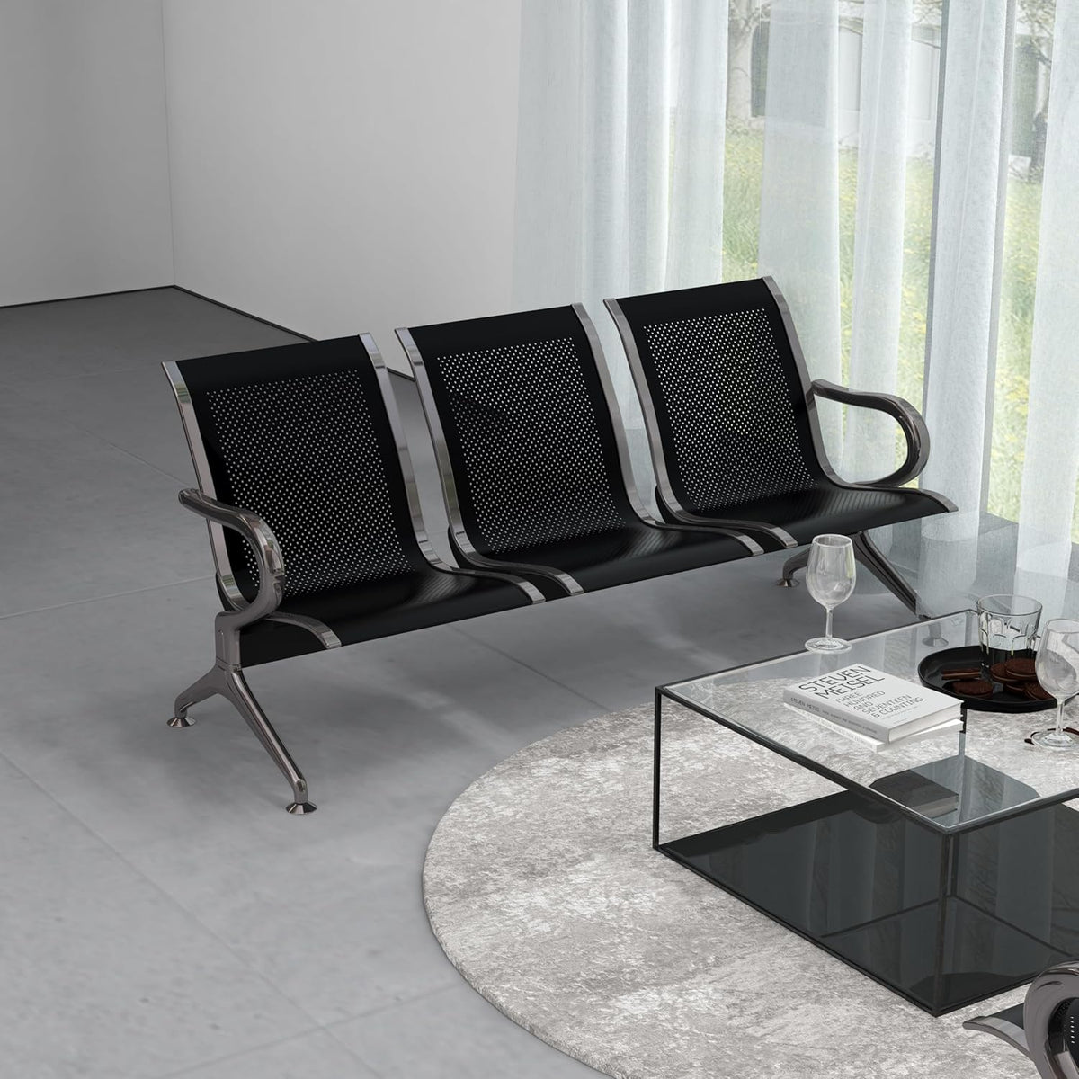 Black 3-Seat Waiting Room Bench with Arms T224111