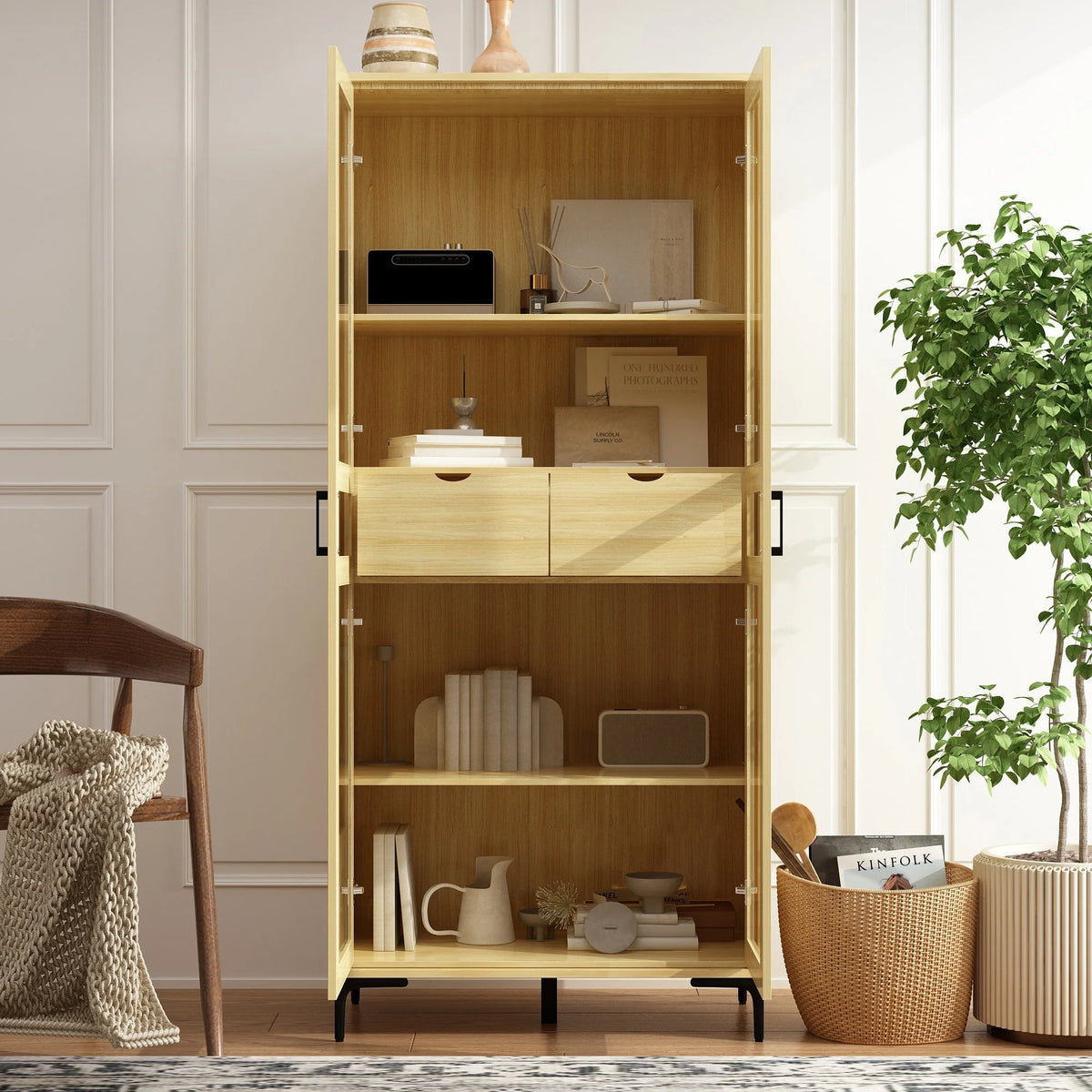 Glass Door Curio Cabinet Light Wood Finish Bookshelf F4255