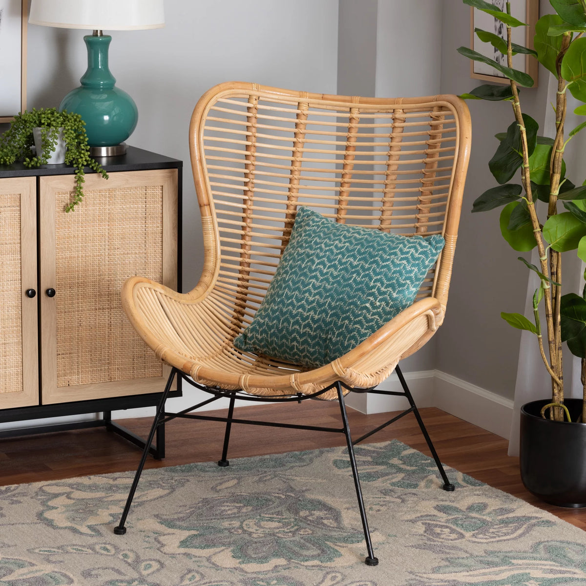 Natural Brown Rattan and Black Metal Accent Chair J4502