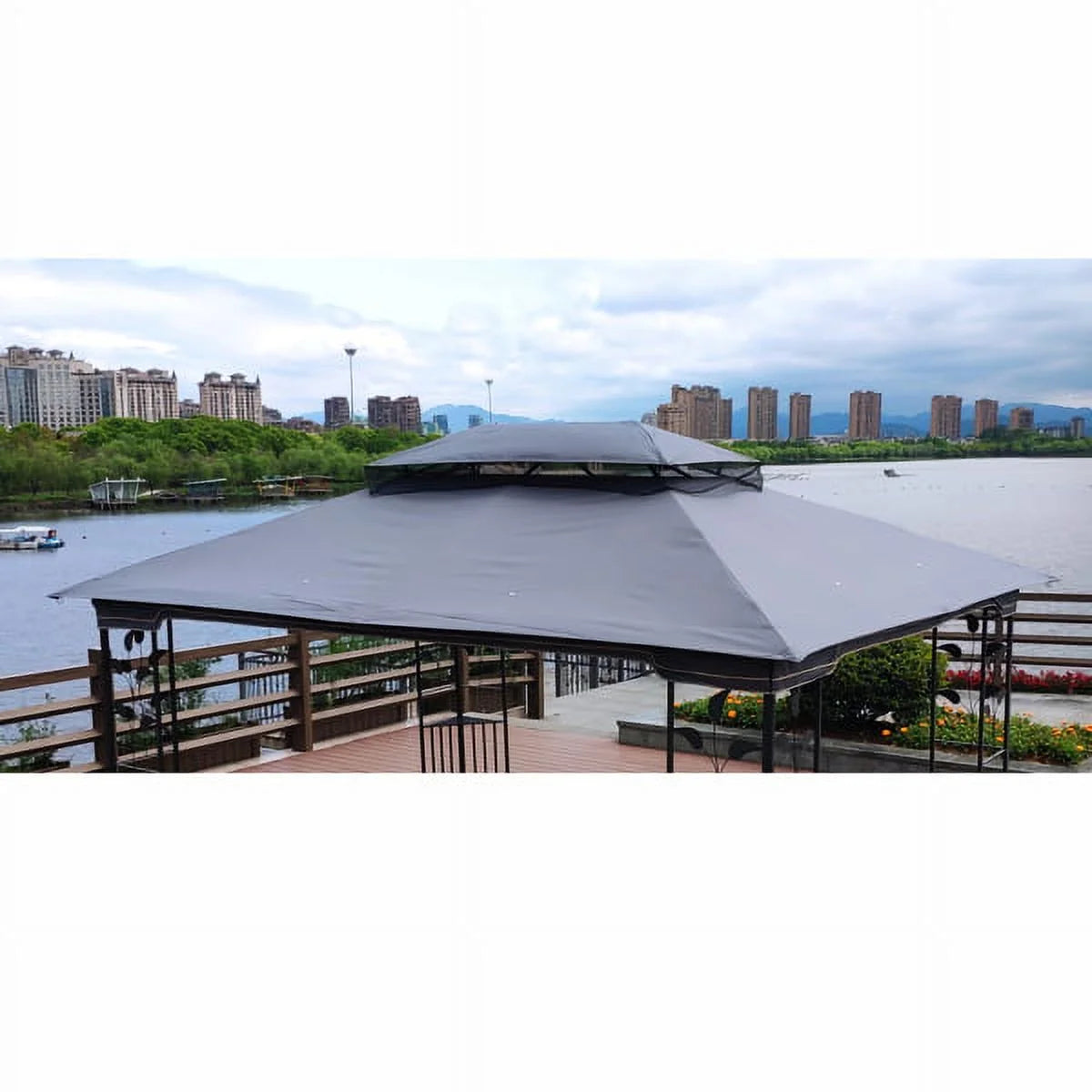 Gray Patio Double Roof Gazebo Replacement Canopy Top Fabric L215