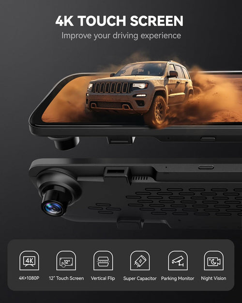 12" 4K Mirror Dash Cam Backup Camera with Front and Rear View Dual Cameras B340