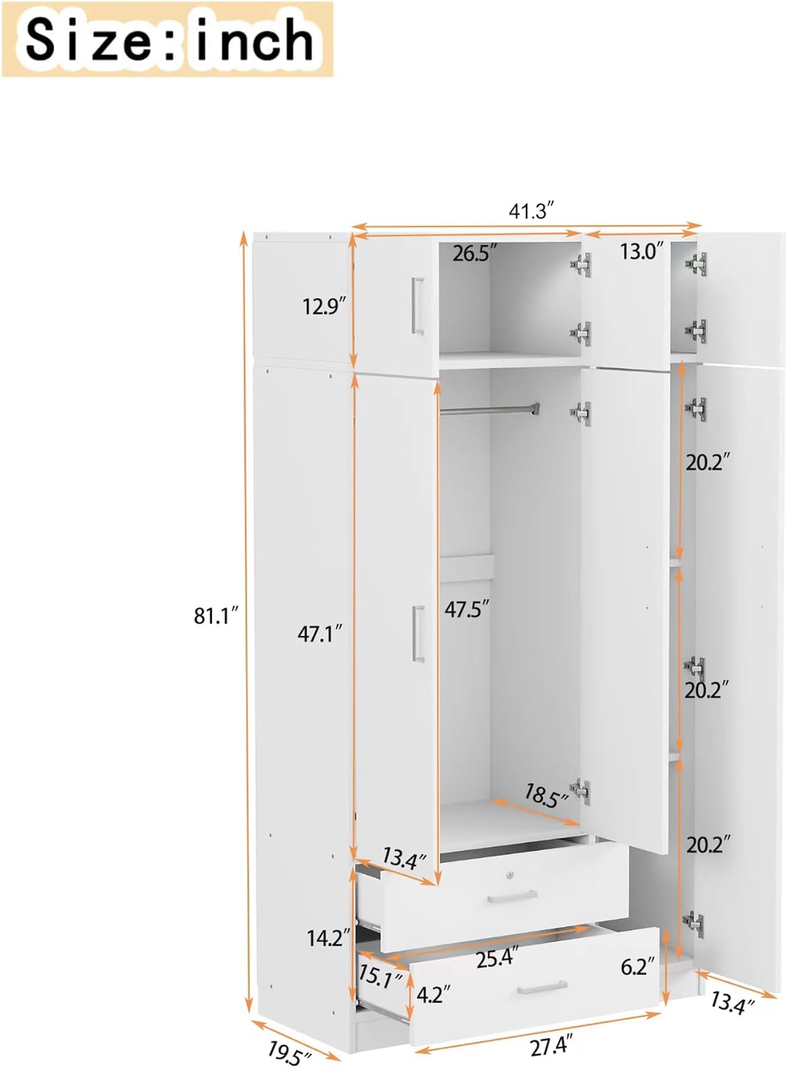 White 3-Door Mirror Wardrobe Closet with 2 Drawers E5133