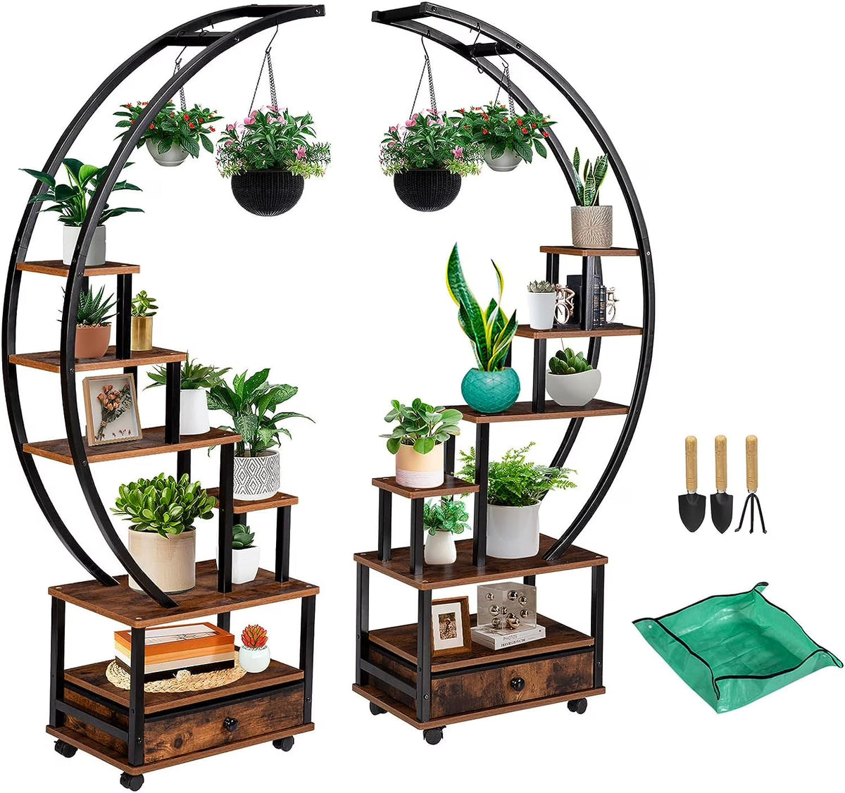 7-Tier Half Moon Plant Stand with Lockable Wheels, 71" Tall Plant Shelf with Drawer, 2 pieces J476840