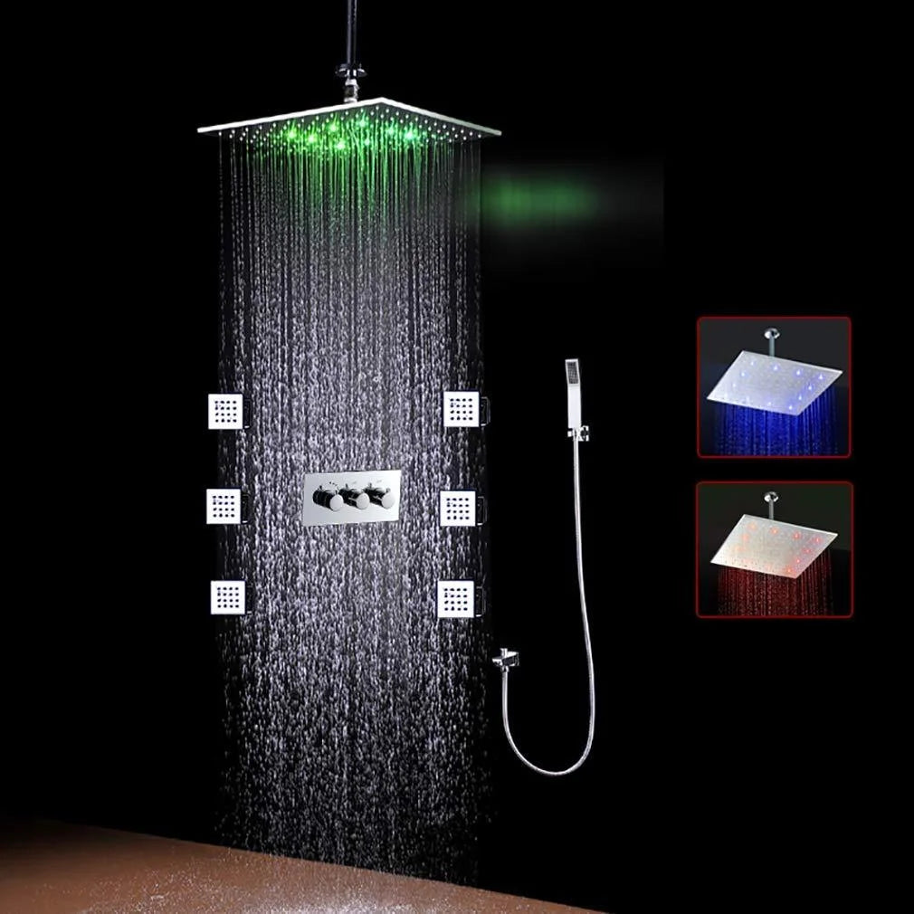 16 Inch Square Ceiling Mounted Thermostatic Rainfall LED Shower With Body Jets T751729