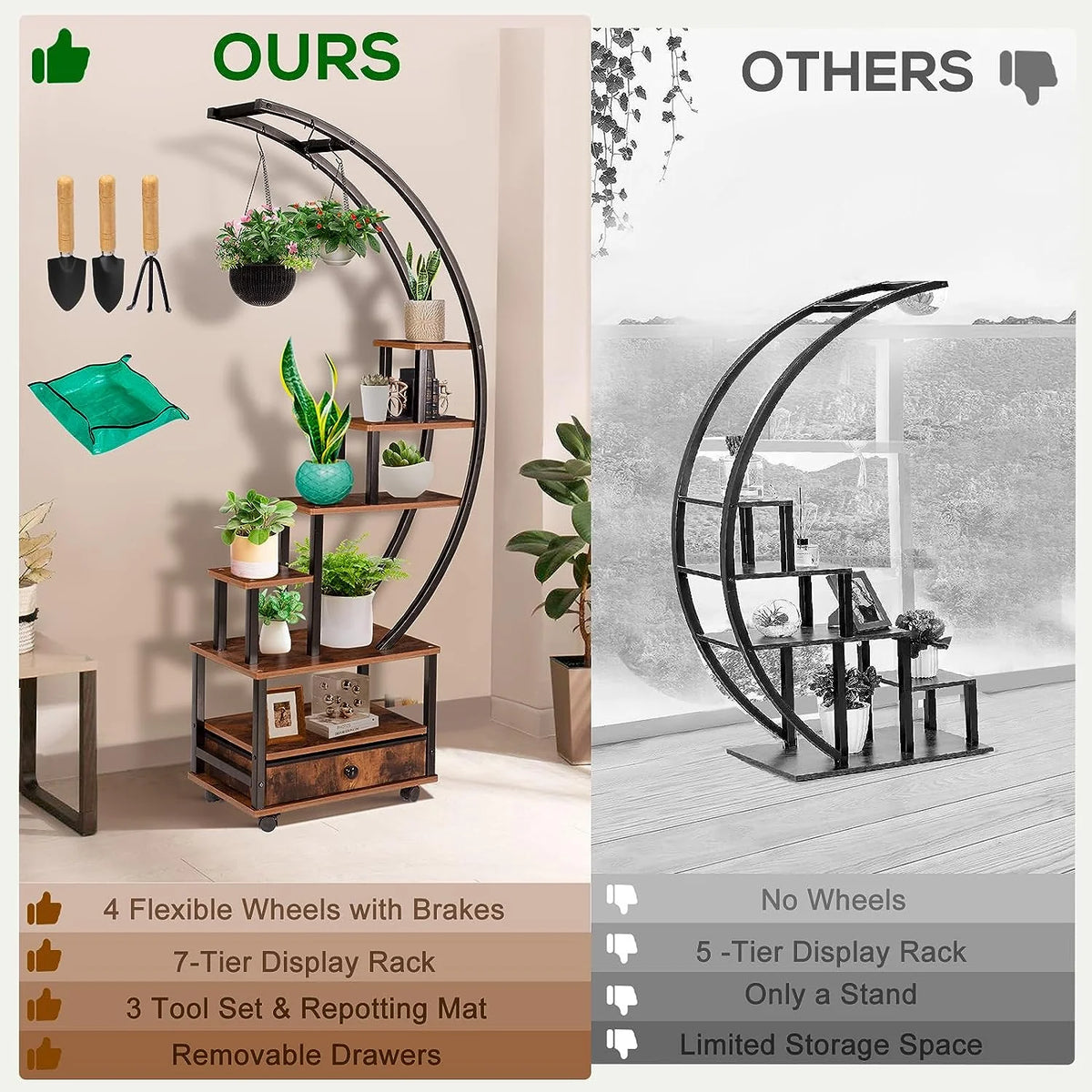 7-Tier Half Moon Plant Stand with Lockable Wheels, 71" Tall Plant Shelf with Drawer, 2 pieces J476840