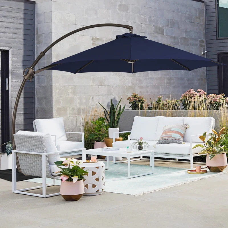 11ft Curvy Cantilever Offset Hanging Patio Umbrella with Base, Beige E7584