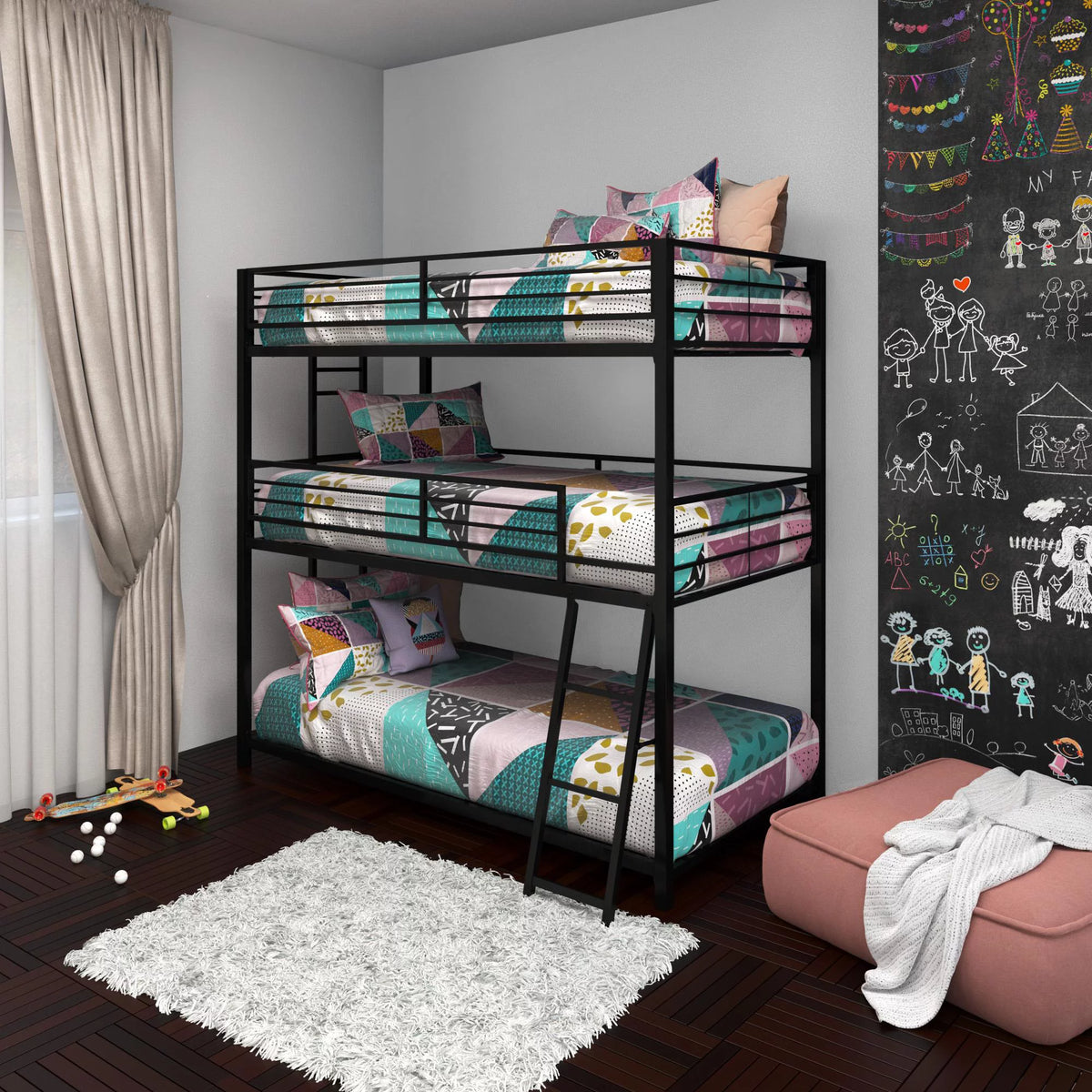 Black Triple Twin Metal Bunk Bed U13392