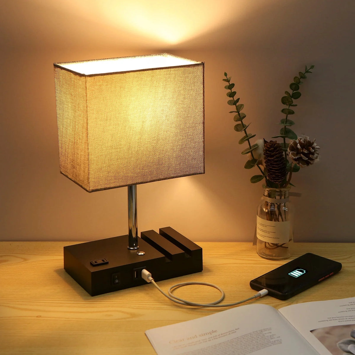 Bedside Table Lamp with USB Charging Ports and AC Outlets O7084