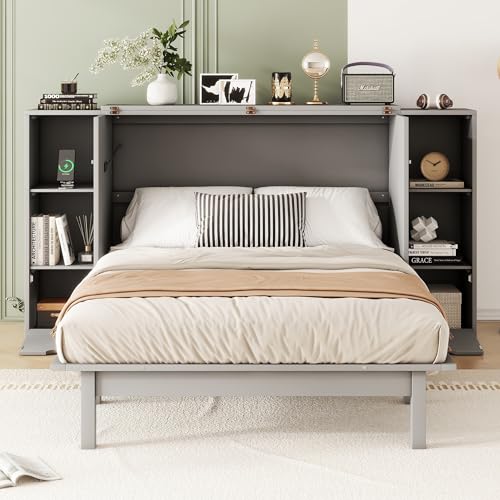 White Solid Wood Murphy Bed with Bookcase and Drawers C683