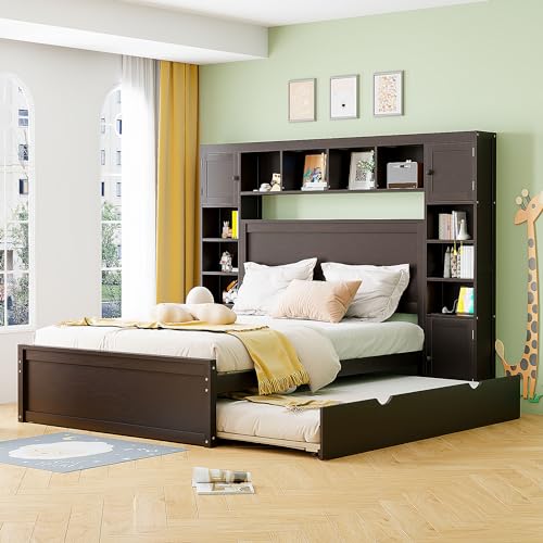 White Full Size Platform Bed with Bookcase Headboard and Storage Drawers N690