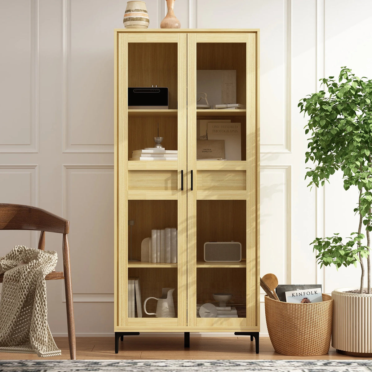 Glass Door Curio Cabinet Light Wood Finish Bookshelf F4255