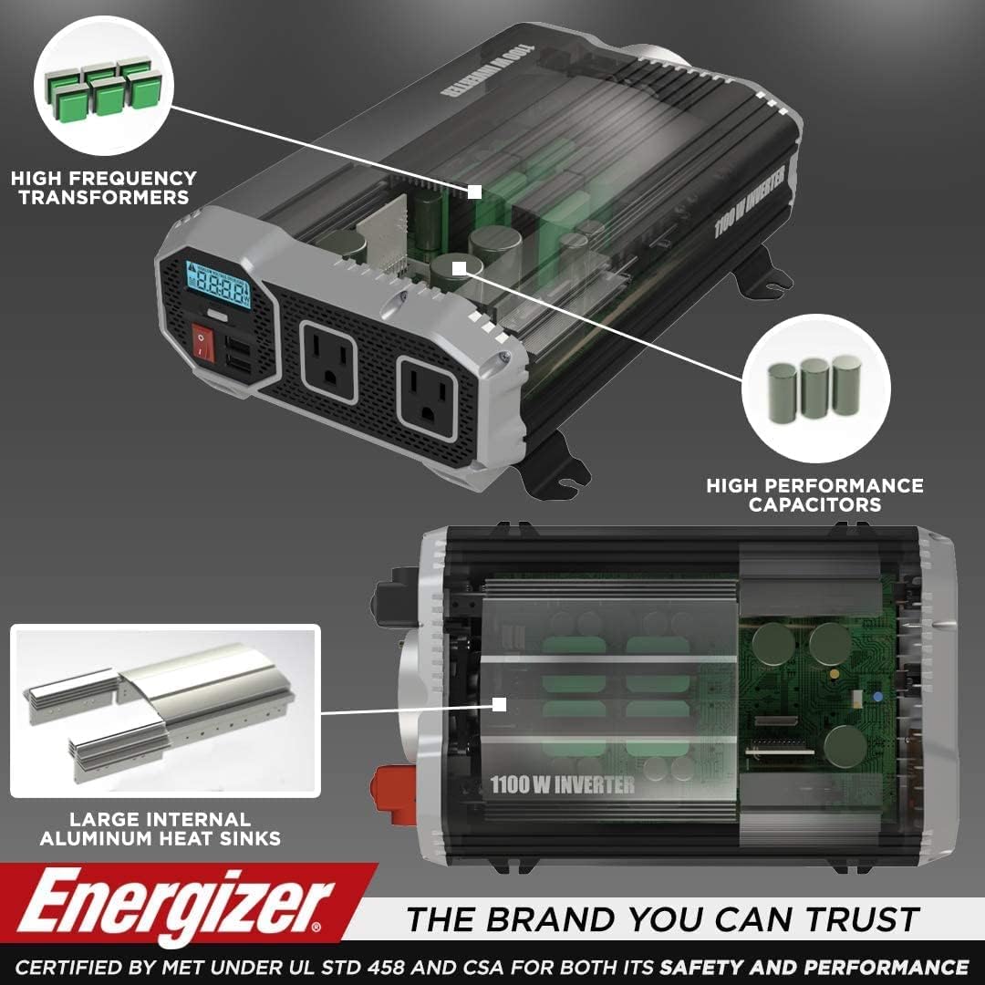 1100 Watts Power Inverter, 12V to 110 Volts, Two AC Outlets, Two USB Ports, Pack of 2 L7957