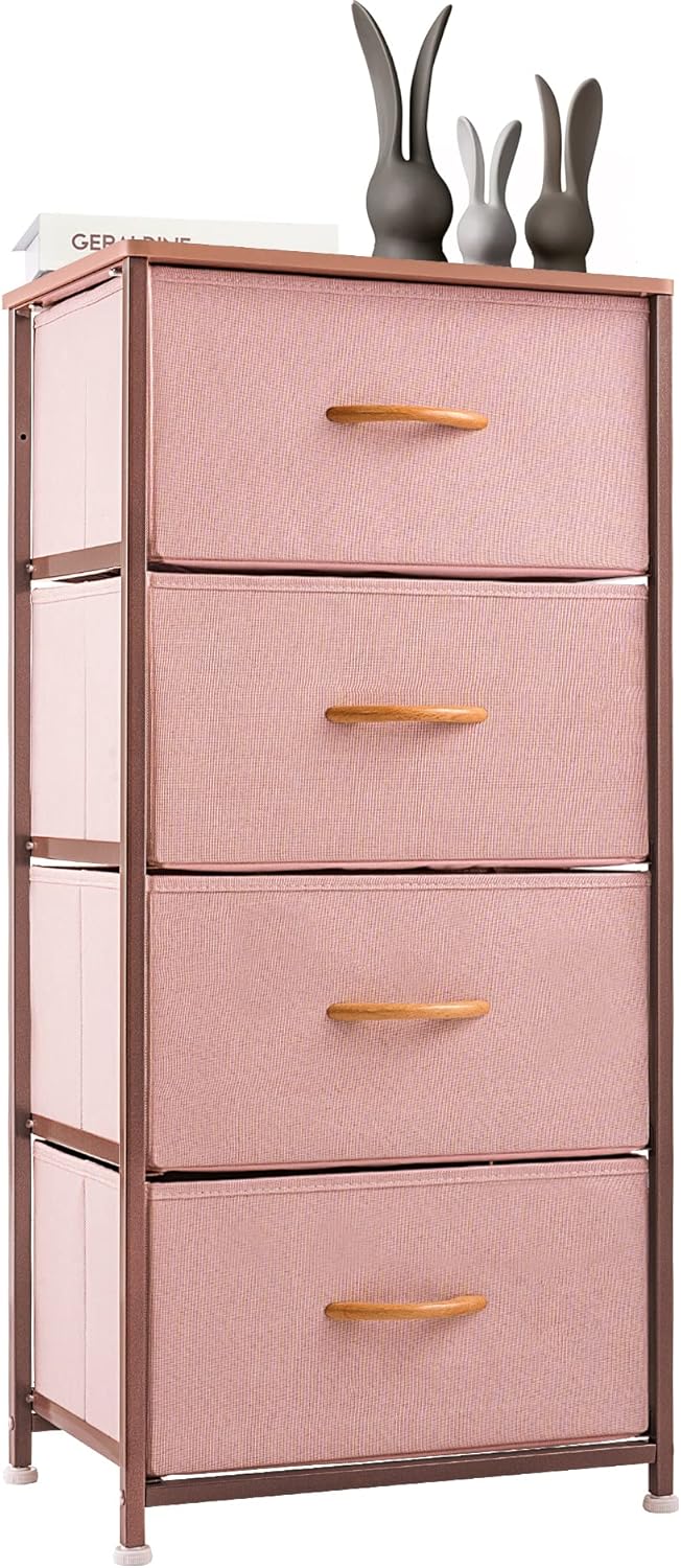 Vertical Dresser Storage Tower, Steel Frame, Wood Top, Textured Fabric Bins, 5 Drawers, BROWN X37815
