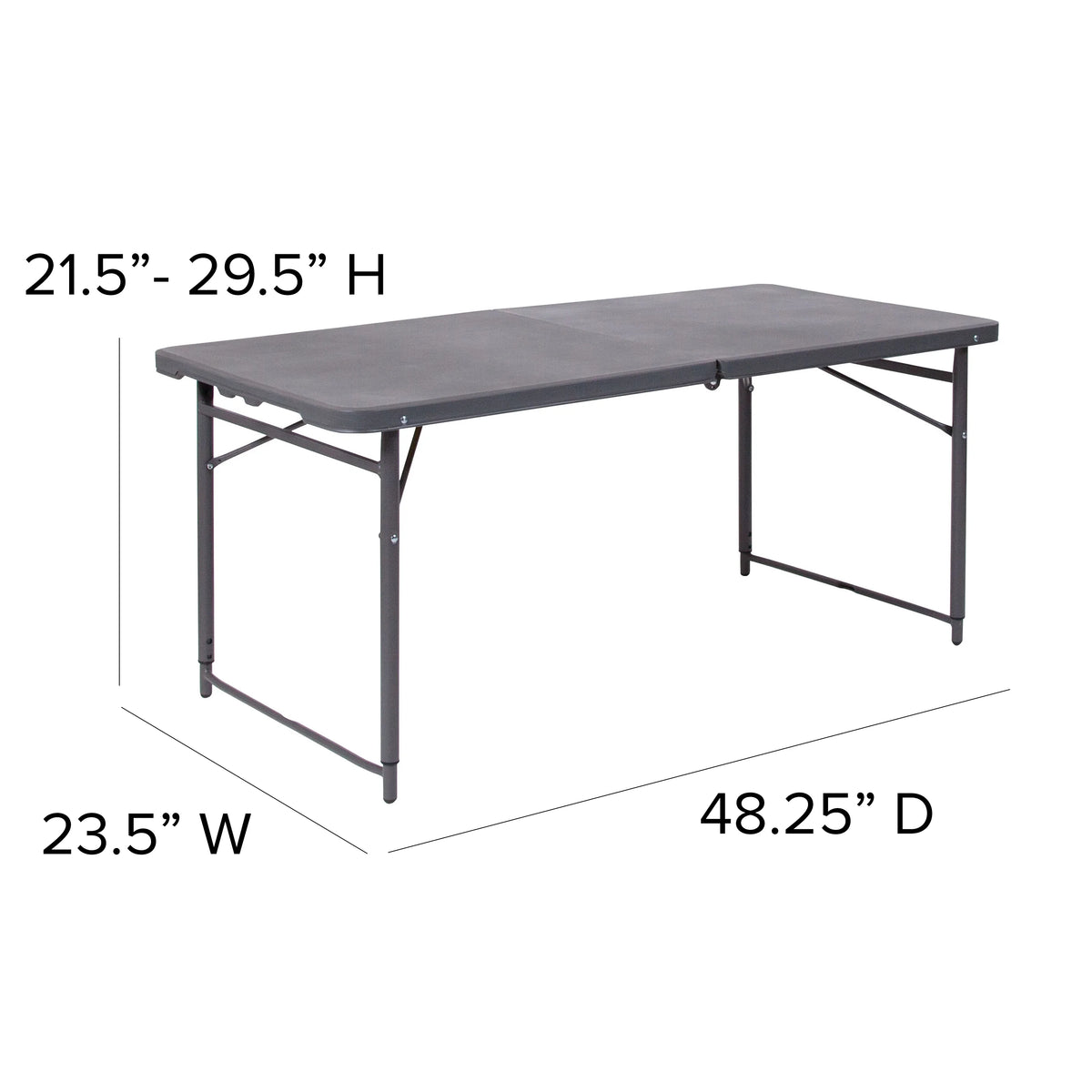 4-Foot Height Adjustable Dark Gray Plastic Folding Table with Carrying Handle M35859