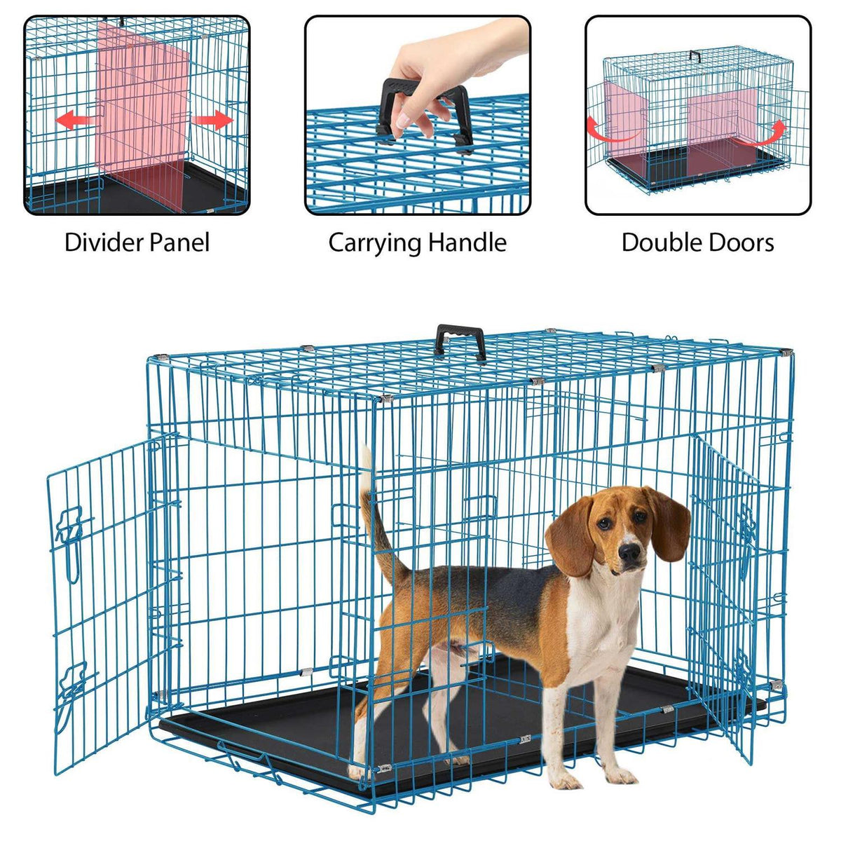 Foldable Large Dog Crate with Handle Double-Door Metal Wire B9160