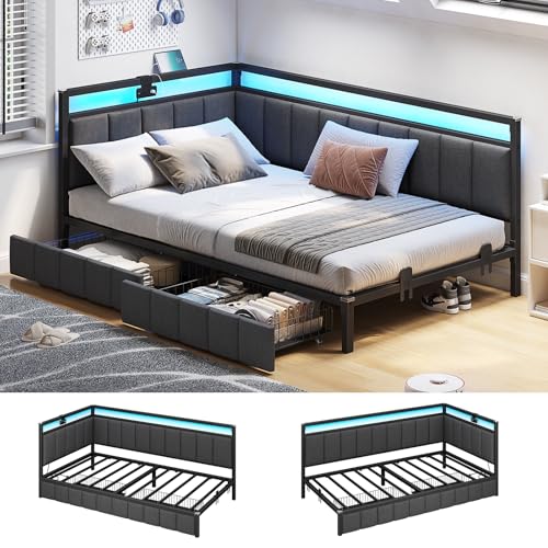 Gray Twin Size Corner Bed Frame with Storage Drawers Y734704