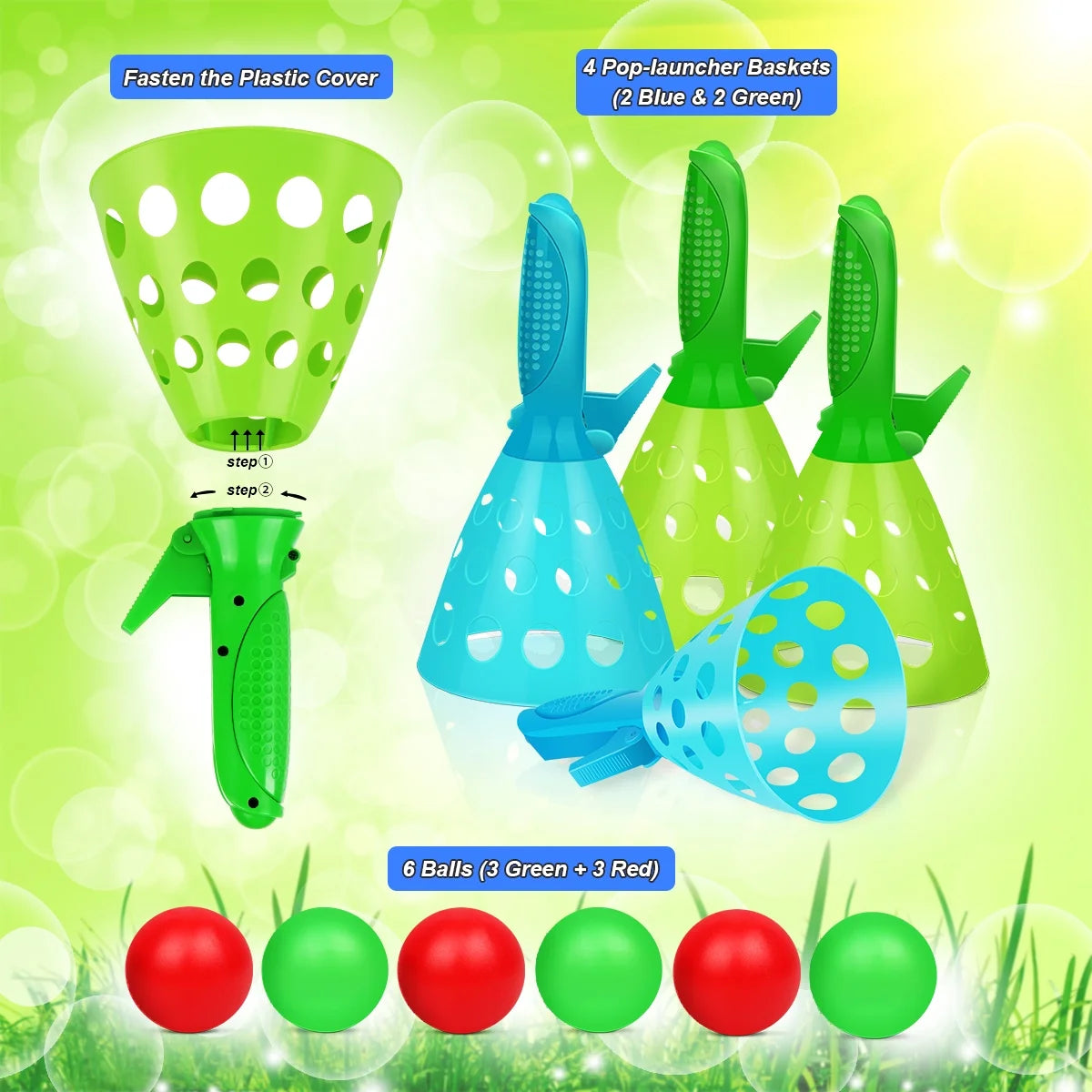 Pop-Pass-Catch Ball Game with 4 Catch Launcher Baskets and 6 Balls B787