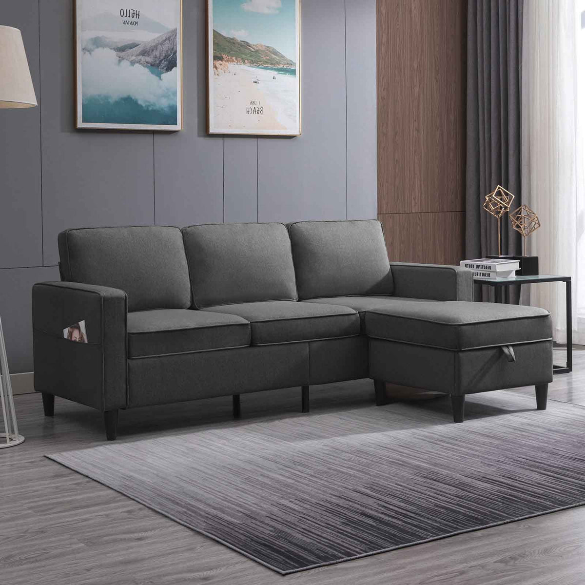 Convertible Sectional Sofa Couch, 3 Seat L Shaped Sofa with Storage Ottoman Dark Grey E259