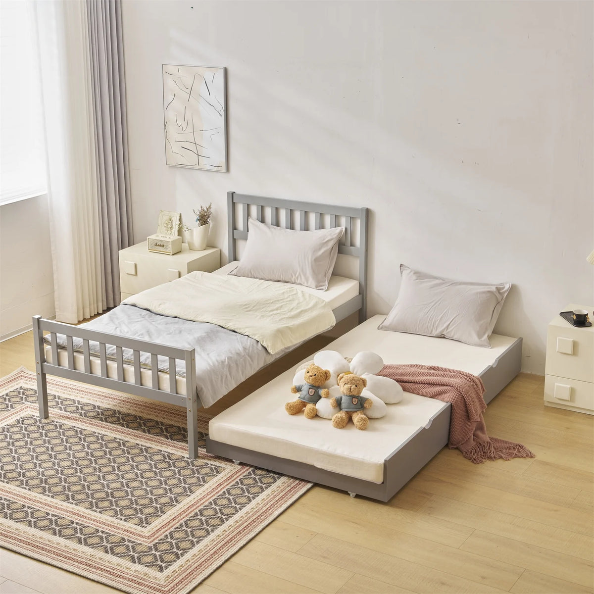 White Twin Bed with Trundle M9979