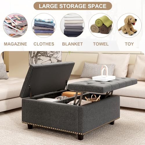 Large Square Storage Ottoman Coffee Table, Light Grey Linen Upholstered with Lift Top Z28654