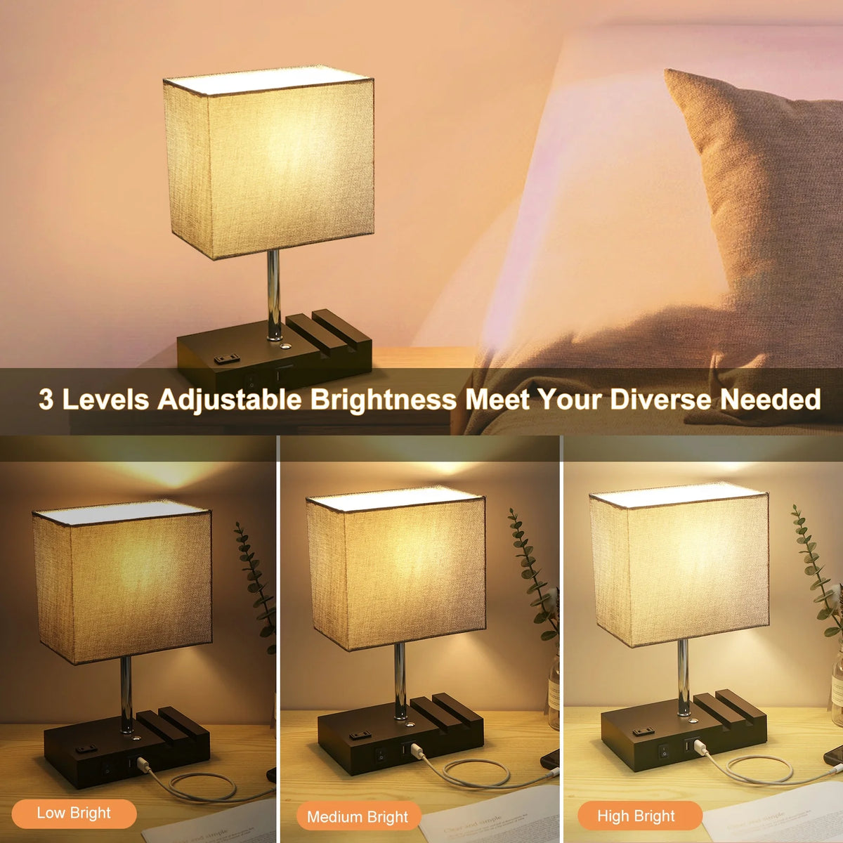 Bedside Table Lamp with USB Charging Ports and AC Outlets O7084