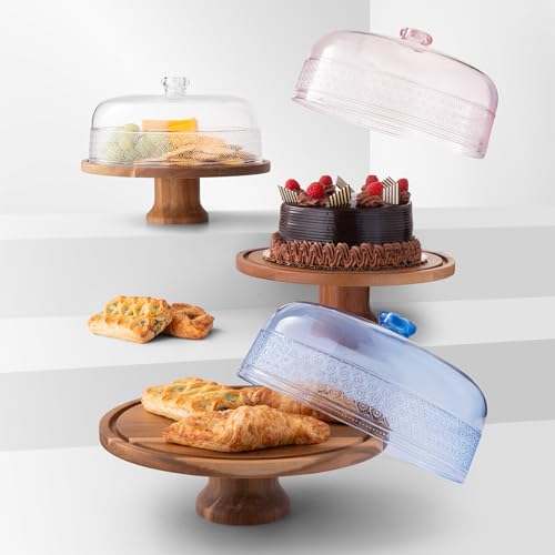 Acacia Wood Cake Stand with Dome O7857