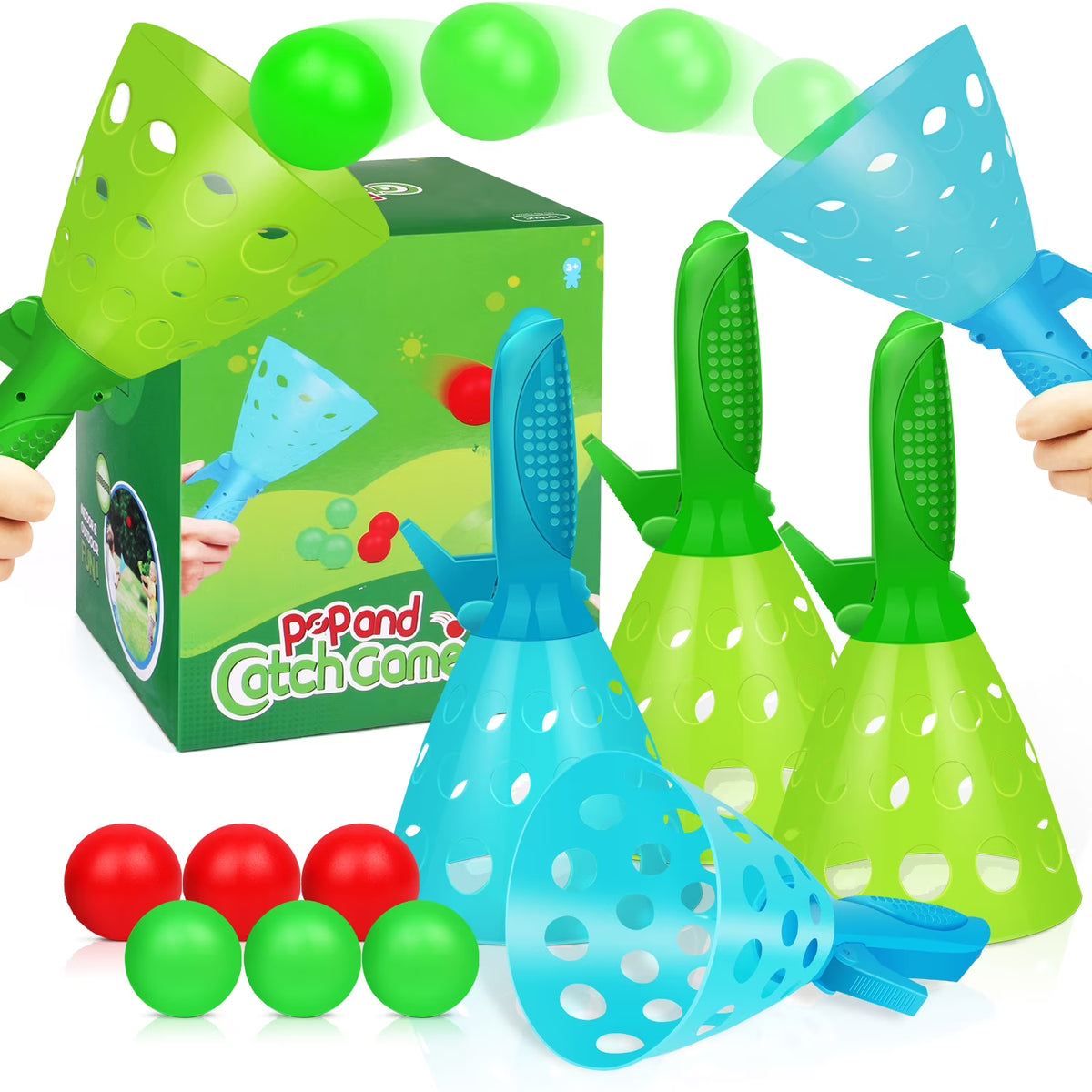 Pop-Pass-Catch Ball Game with 4 Catch Launcher Baskets and 6 Balls B787