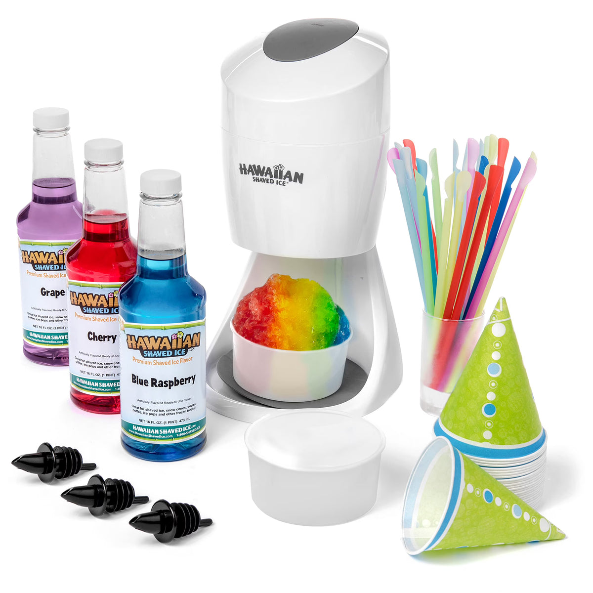 White Shaved Ice Machine Party Package with 3 Syrups and Supplies I29405