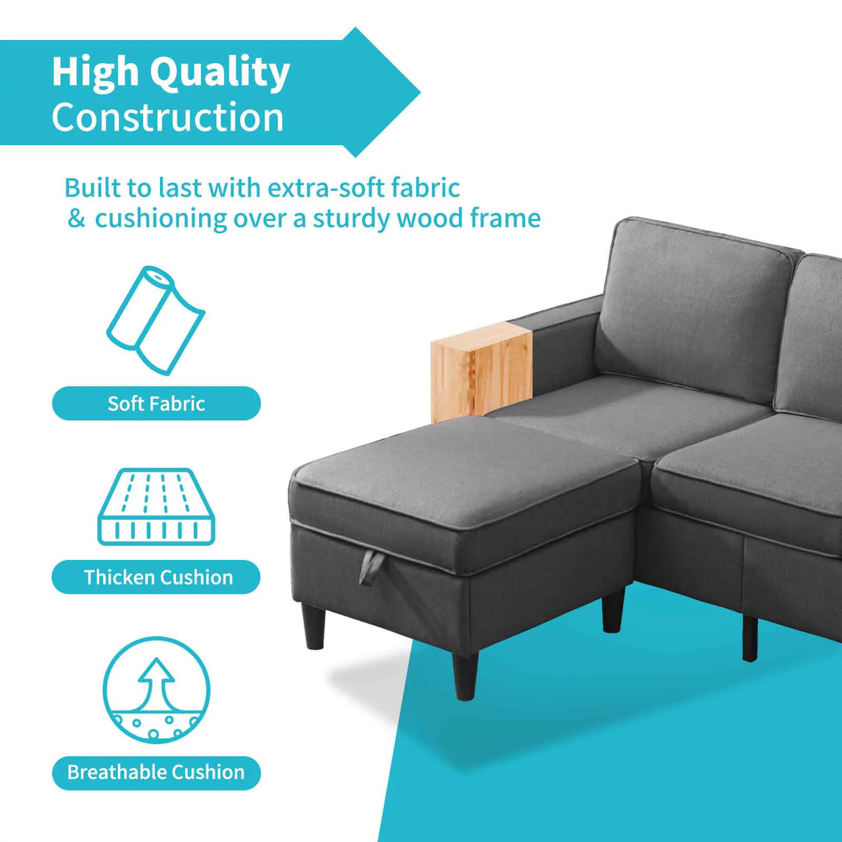 Convertible Sectional Sofa Couch, 3 Seat L Shaped Sofa with Storage Ottoman Dark Grey E259