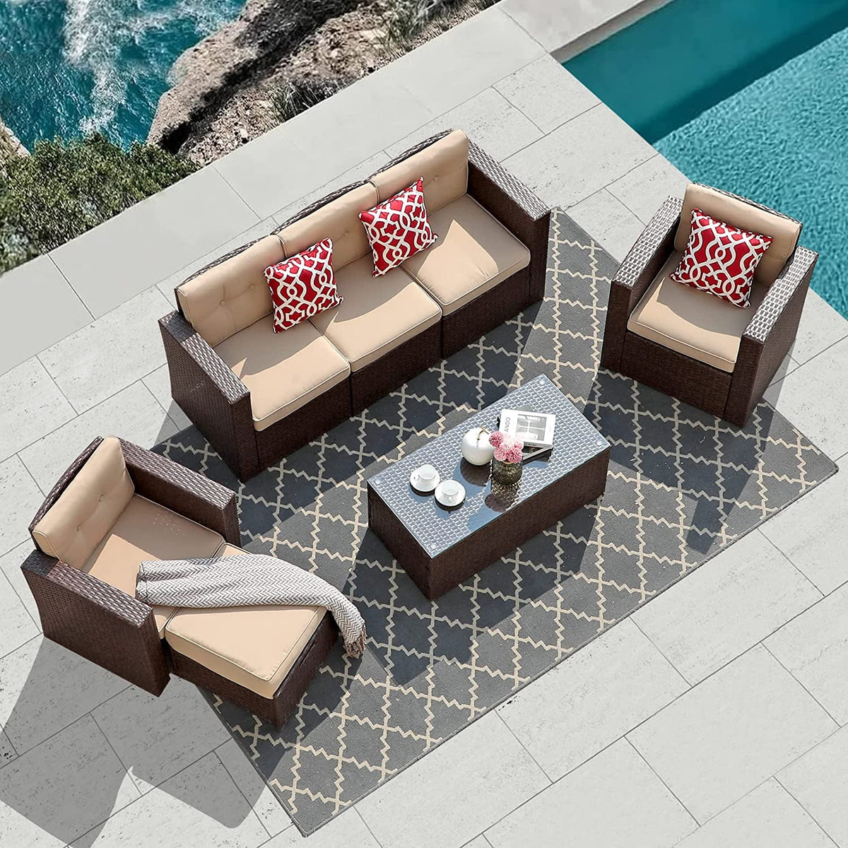7 Piece PE Wicker Sofa Ottoman with 3 Red Pillows C996180