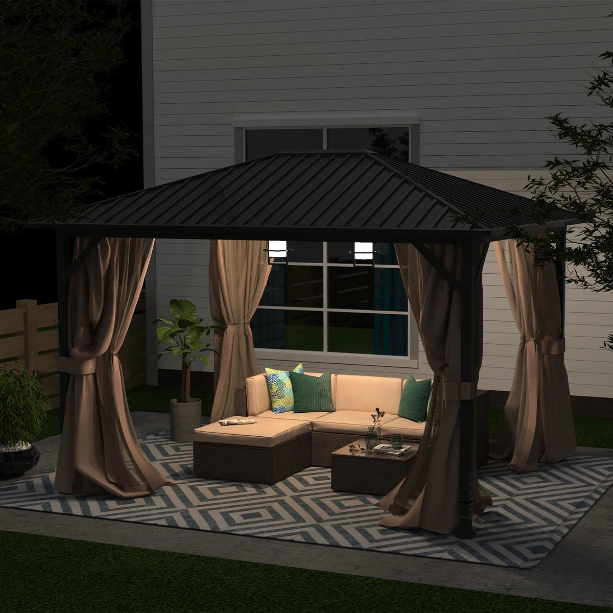 10' x 12' Hardtop Metal Gazebo with Netting and Curtains H2516