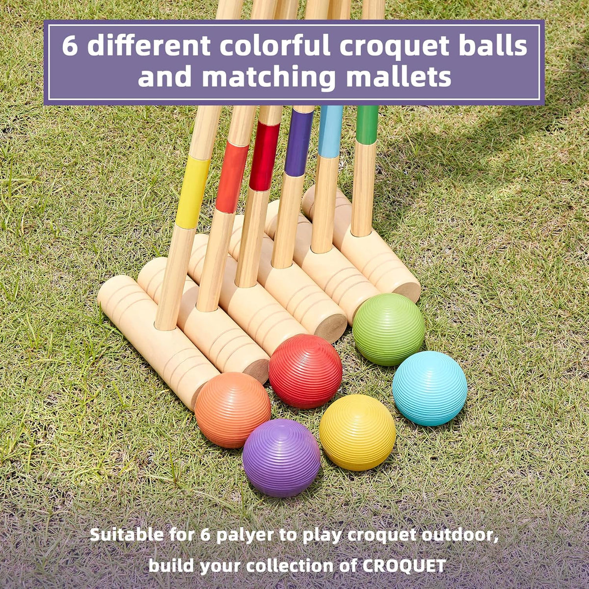 32In Six Player Croquet Set with Pine Wooden Mallets and Carry Bag L74777