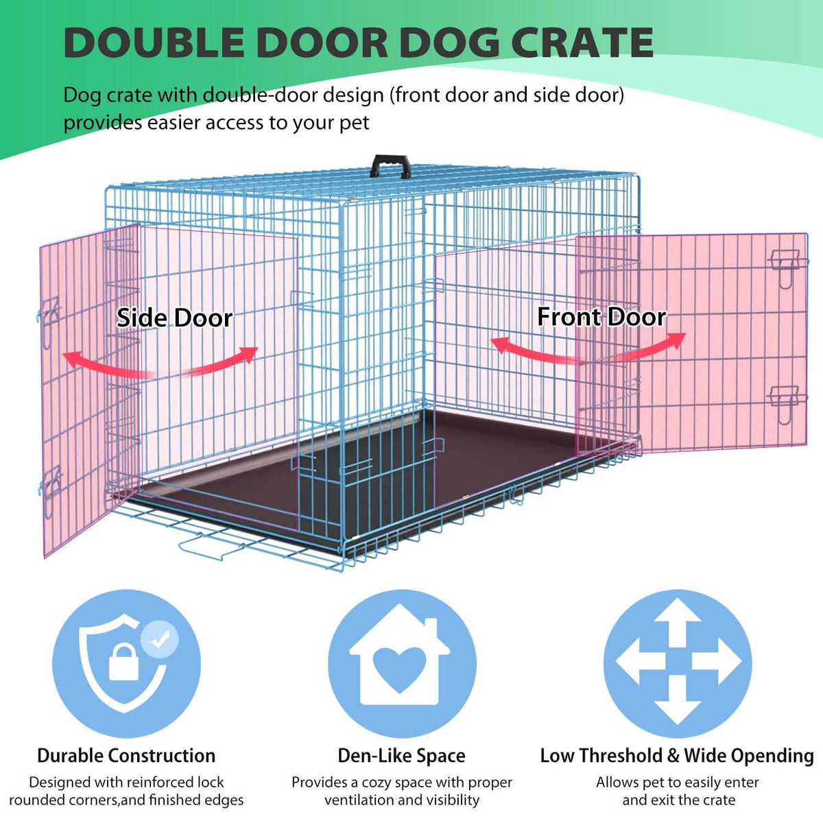 Foldable Large Dog Crate with Handle Double-Door Metal Wire B9160