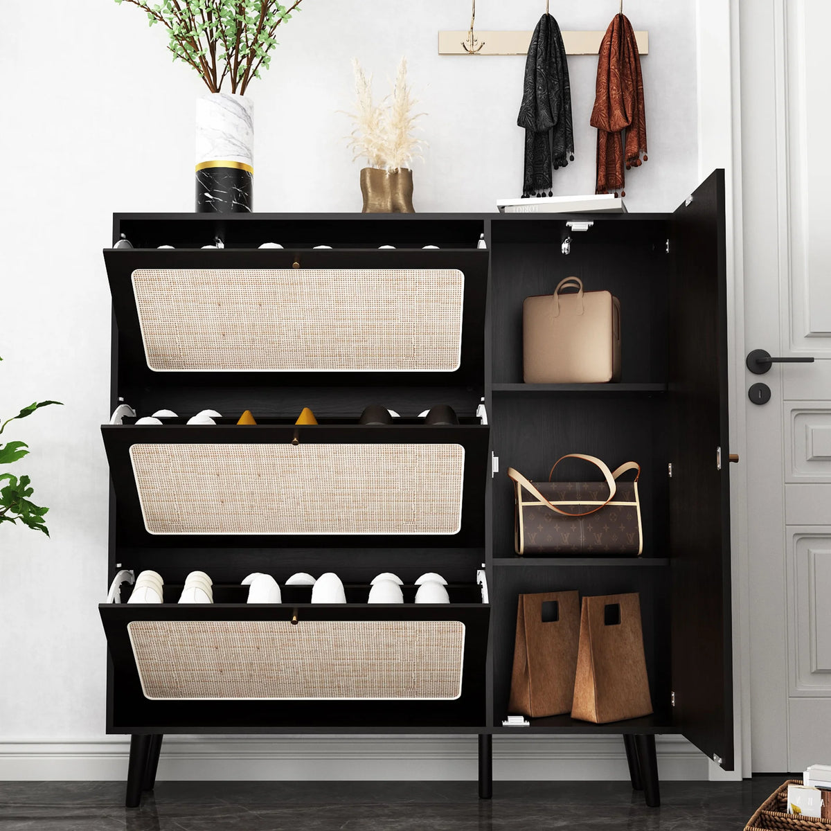 48" Wide Black Wood Shoe Cabinet with 3 Flip Doors V230033