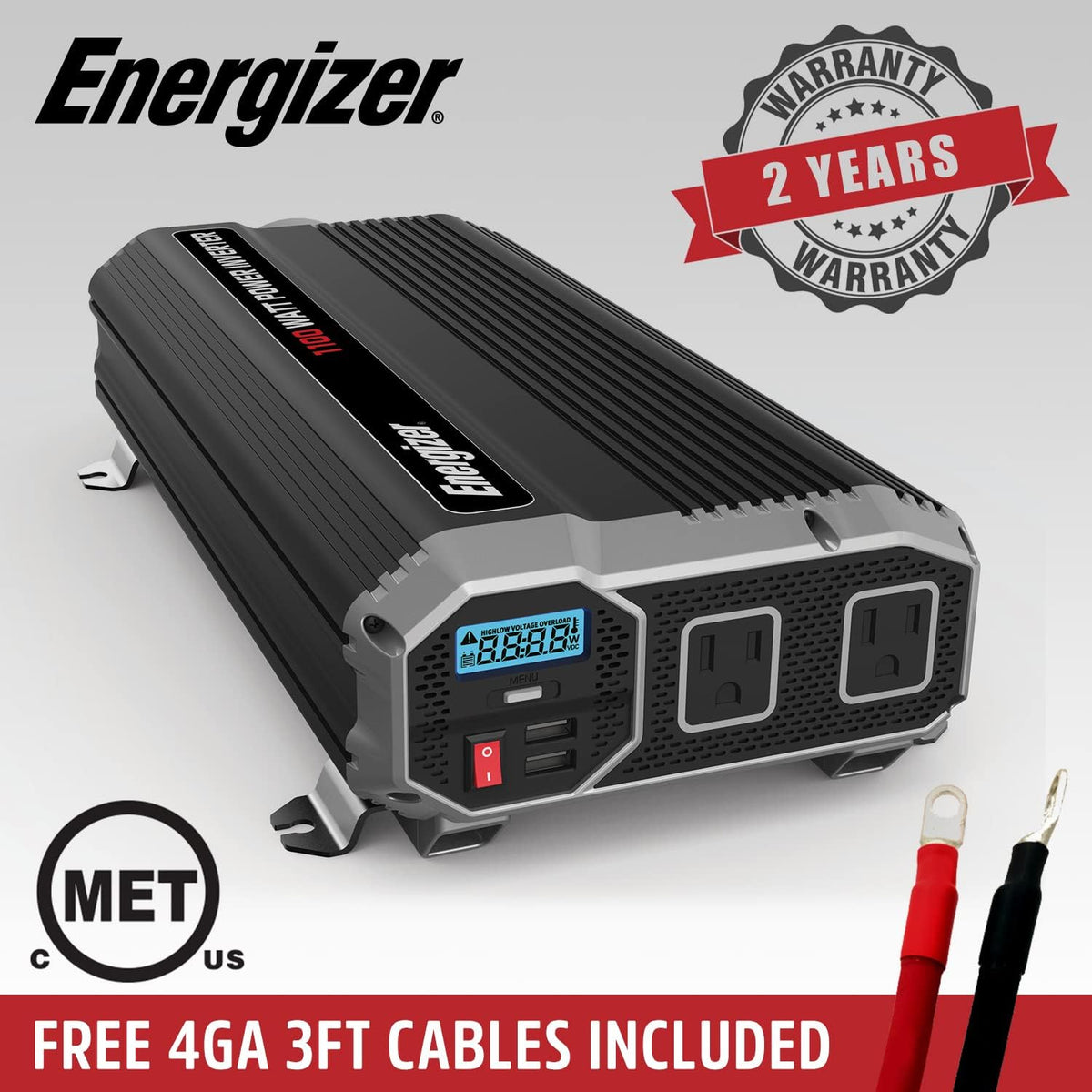 1100 Watts Power Inverter, 12V to 110 Volts, Two AC Outlets, Two USB Ports, Pack of 2 L7957