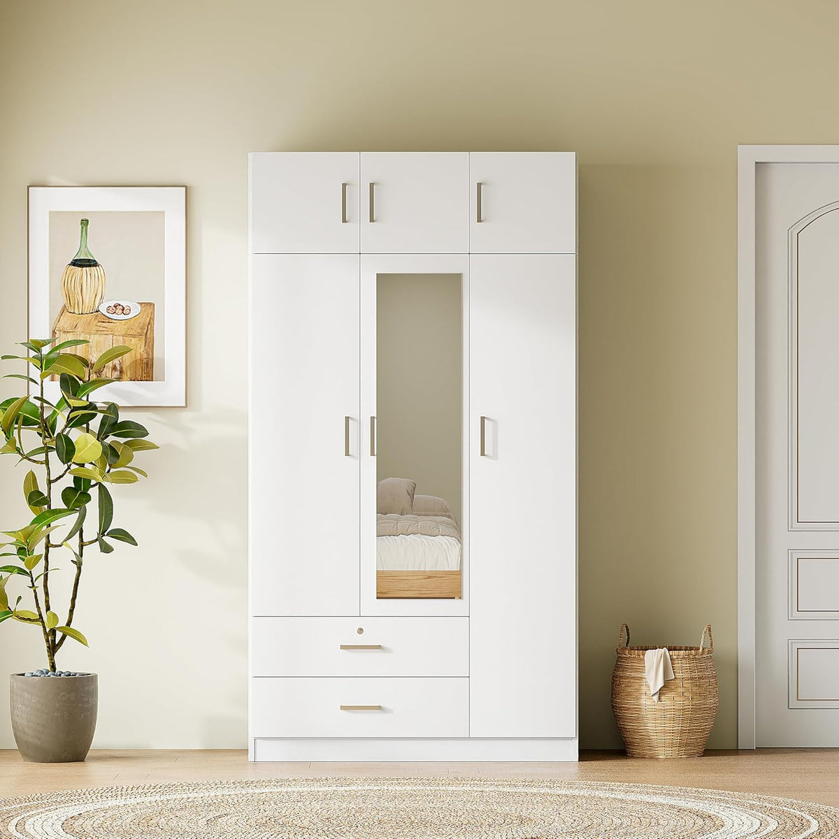 White 3-Door Mirror Wardrobe Closet with 2 Drawers E5133