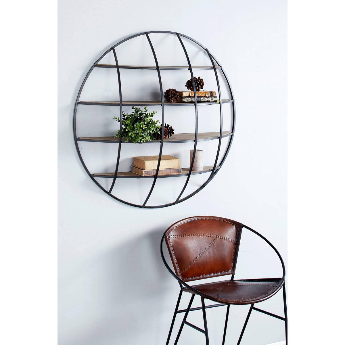 Large Round Industrial Metal and Wood Wall Shelf - Light Brown J5353