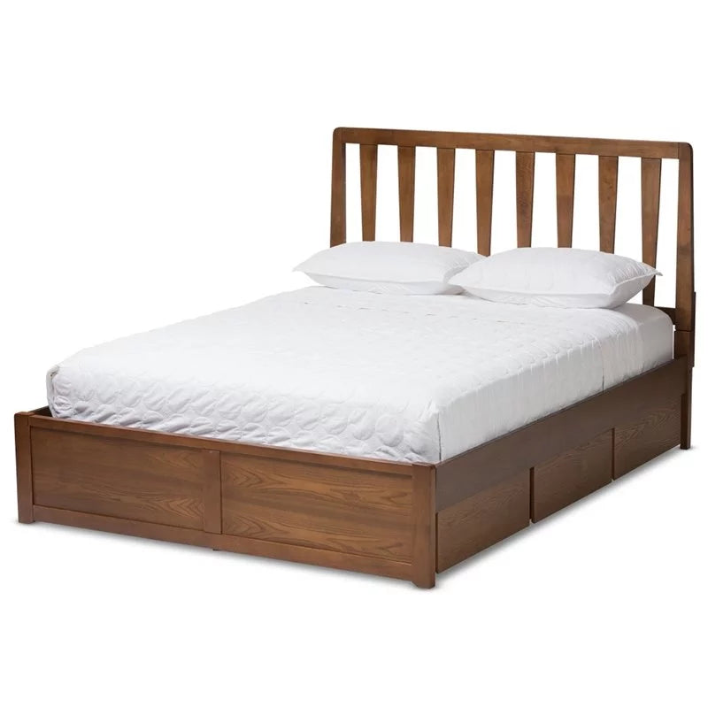 Queen Spindle Storage Platform Bed in Walnut Brown F32190