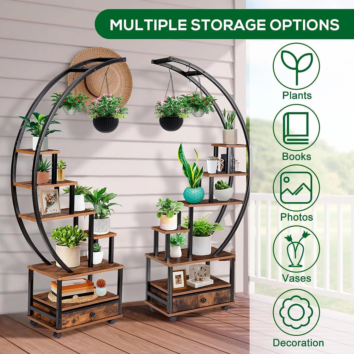 7-Tier Half Moon Plant Stand with Lockable Wheels, 71" Tall Plant Shelf with Drawer, 2 pieces J476840