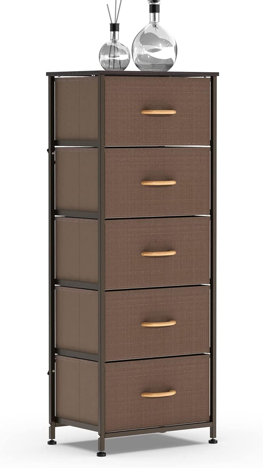 Vertical Dresser Storage Tower, Steel Frame, Wood Top, Textured Fabric Bins, 5 Drawers, BROWN X37815