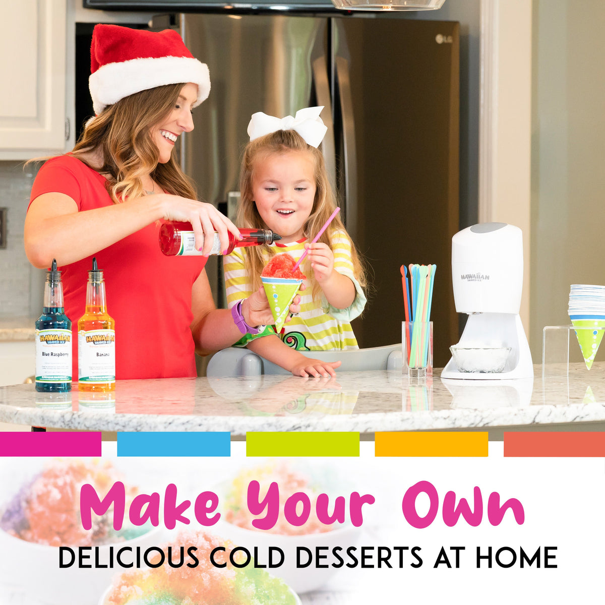 White Shaved Ice Machine Party Package with 3 Syrups and Supplies I29405