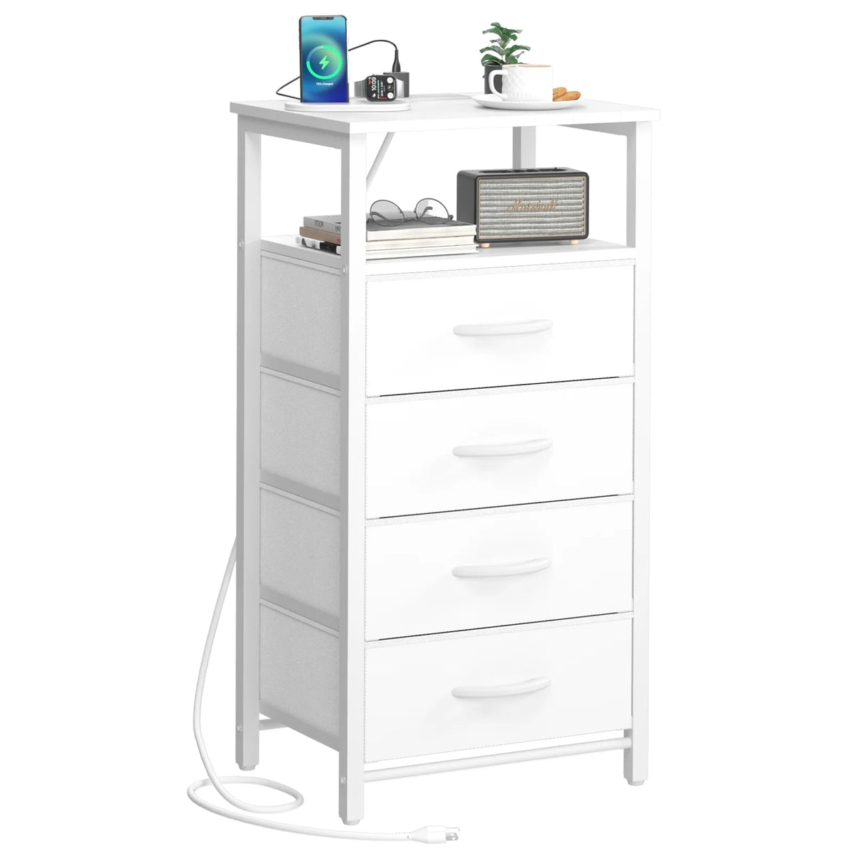 Night Stand with Charging Station, 4 Fabric Drawers and Storage Shelf L592